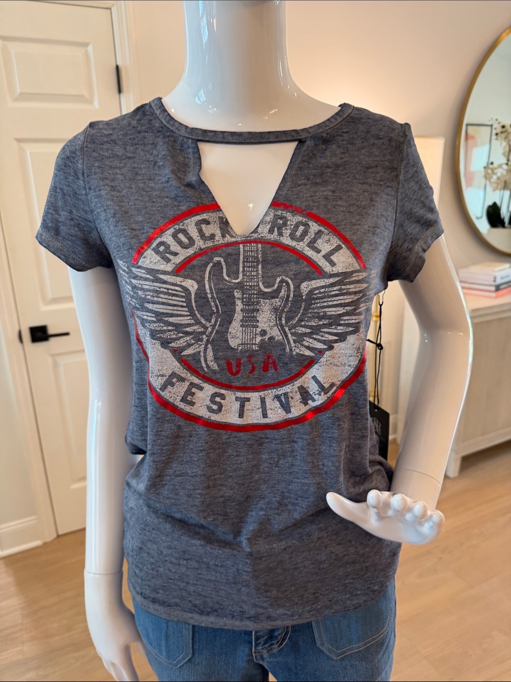 Rock & Republic Gray Blue Graphic Tee with Cutout Neck